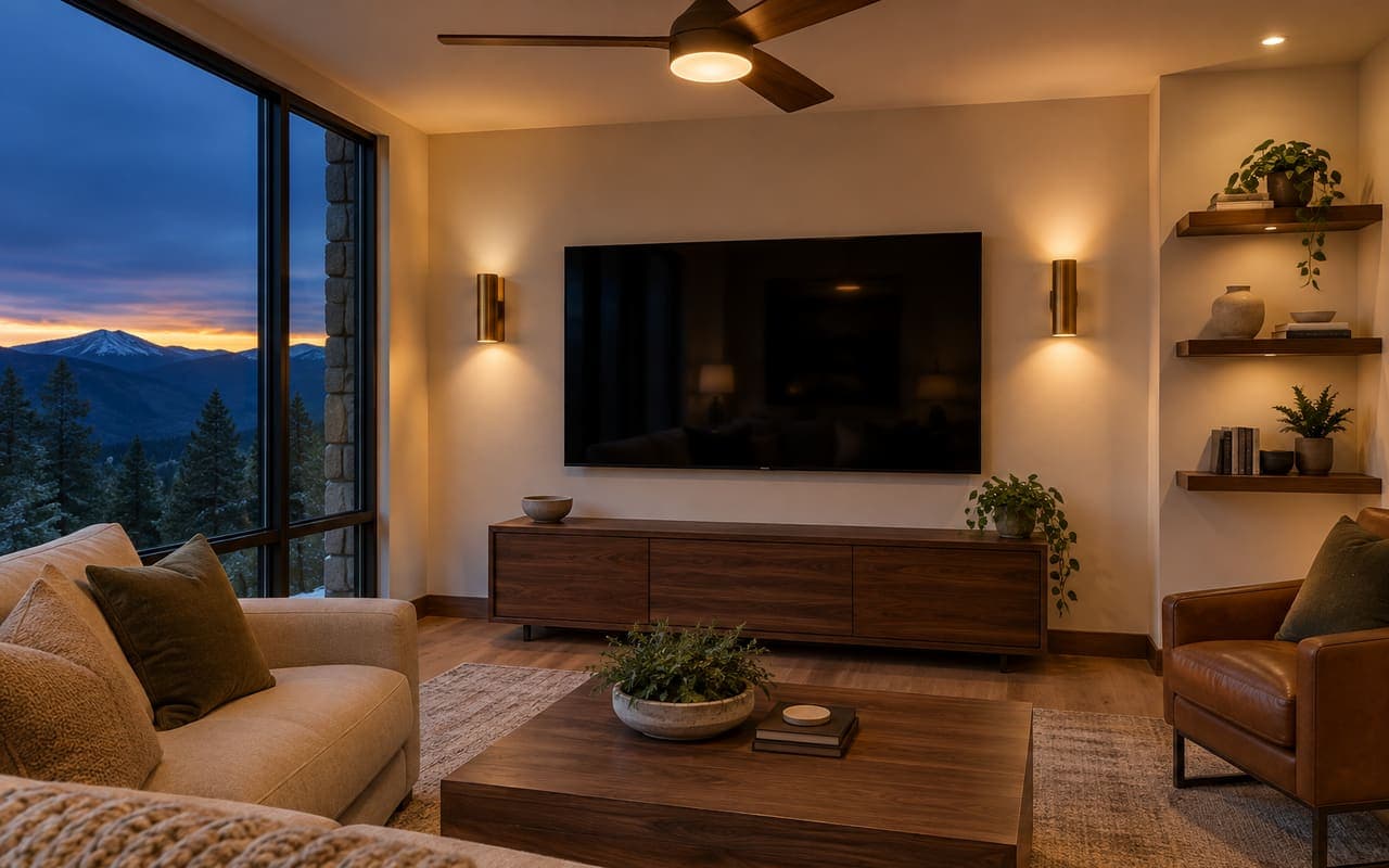 Living room with a level wall-mounted TV between two brass wall sconces, floating walnut shelves and a wood-blade ceiling fan