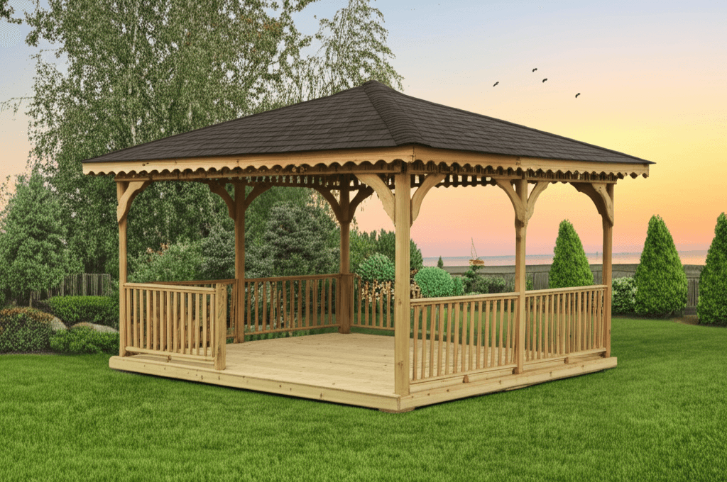 Completed custom gazebo in a landscaped backyard