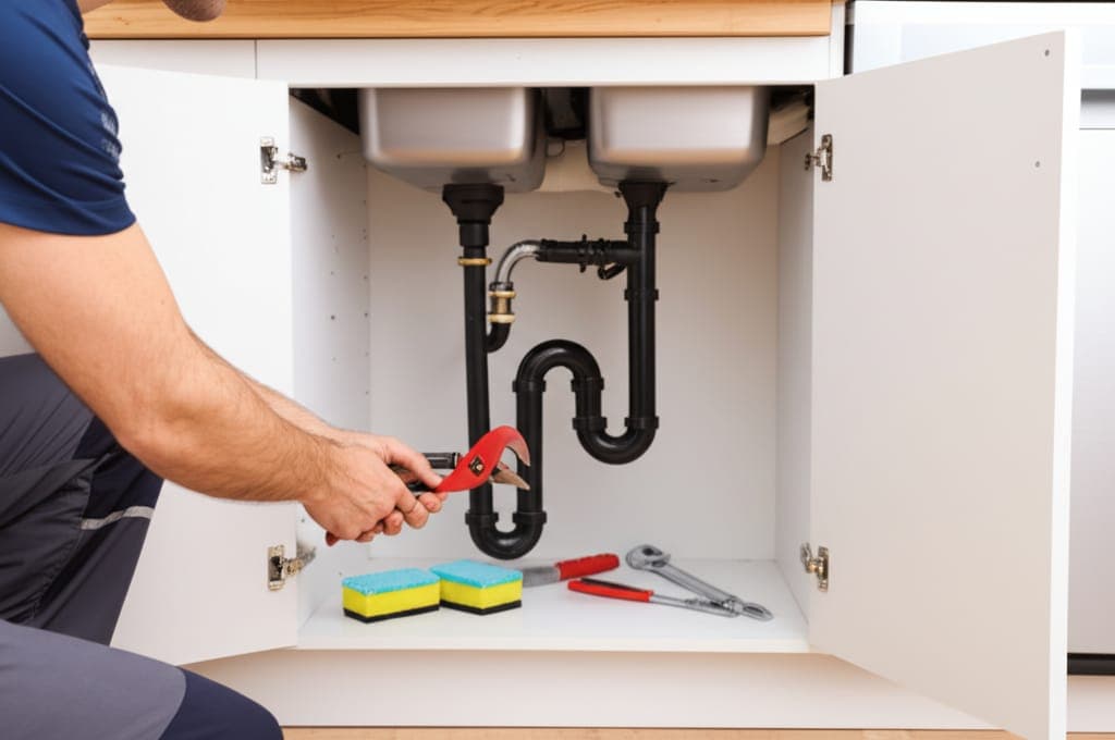 Handyman repairing plumbing under a kitchen sink